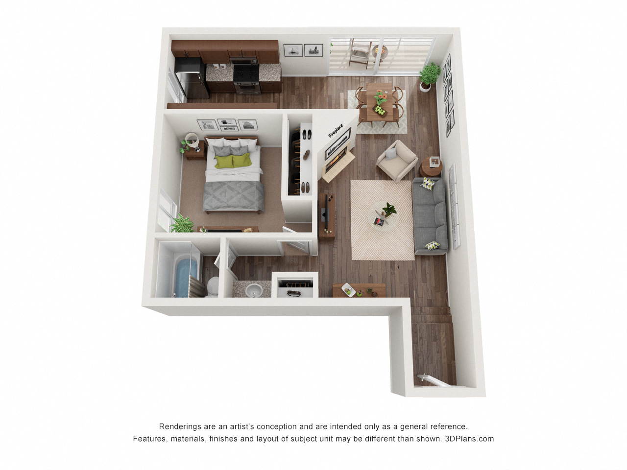 Floor plan for 1 bed, 1 bath, 673 sqft